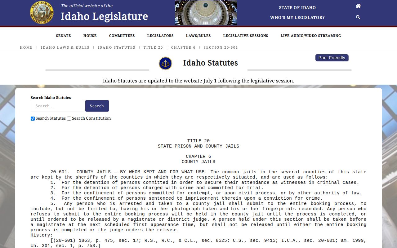 Idaho Code section 20-601 booking photograph requirement for a person taken to a county jail