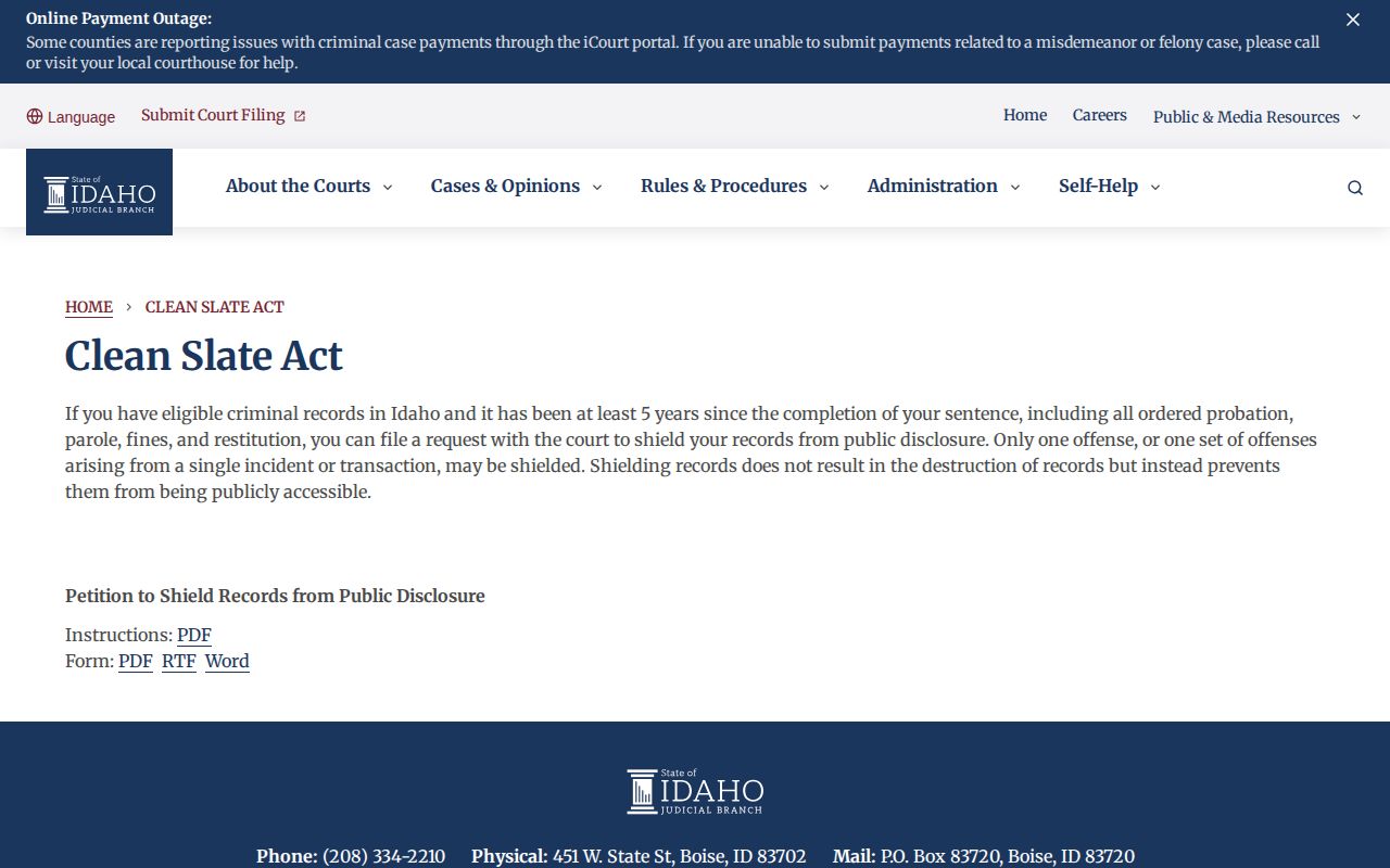 Idaho Courts Clean Slate Act page for Boise County record-shielding information