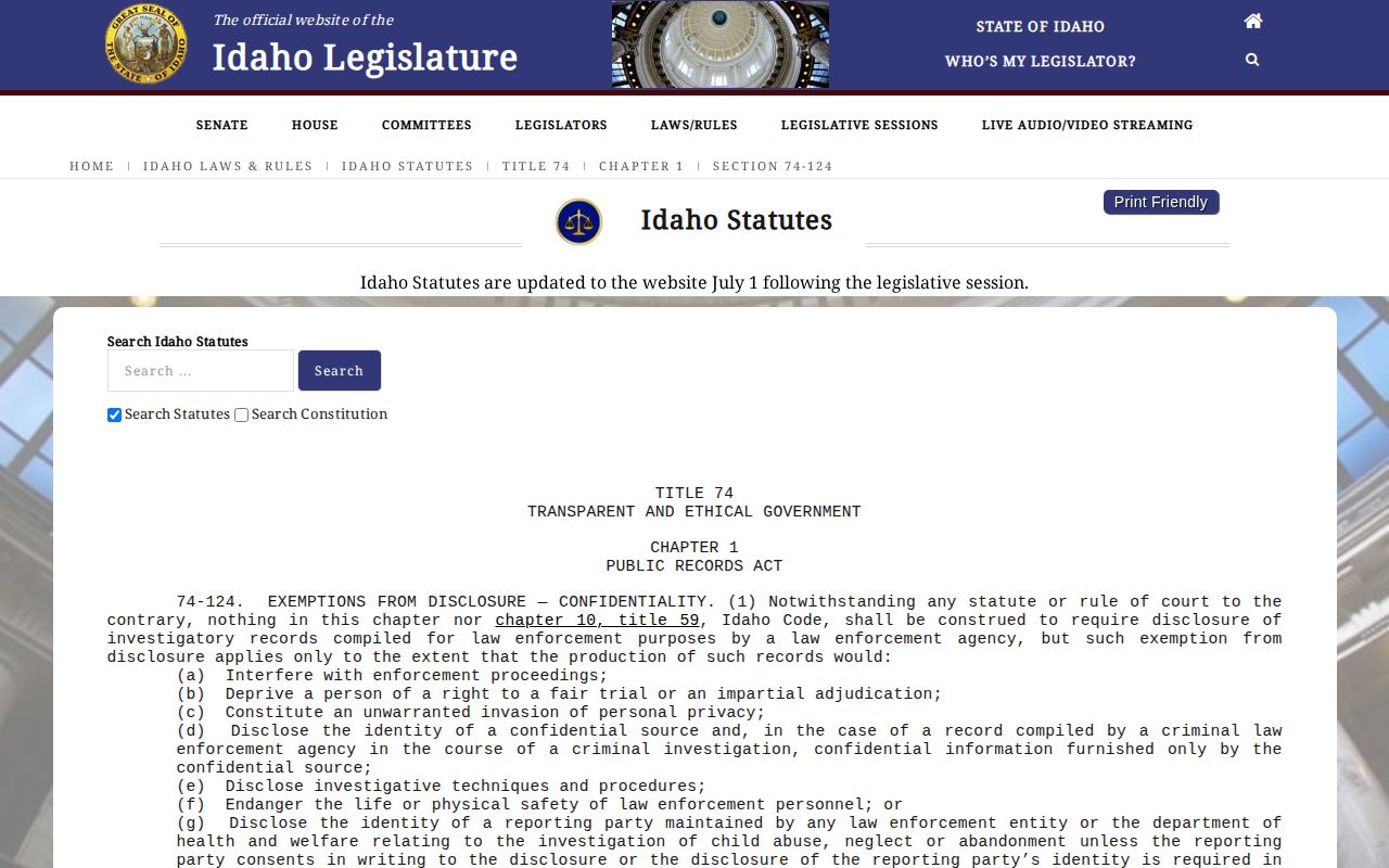Idaho Public Records Law section 74-124 covering Boise County arrest-record access limits