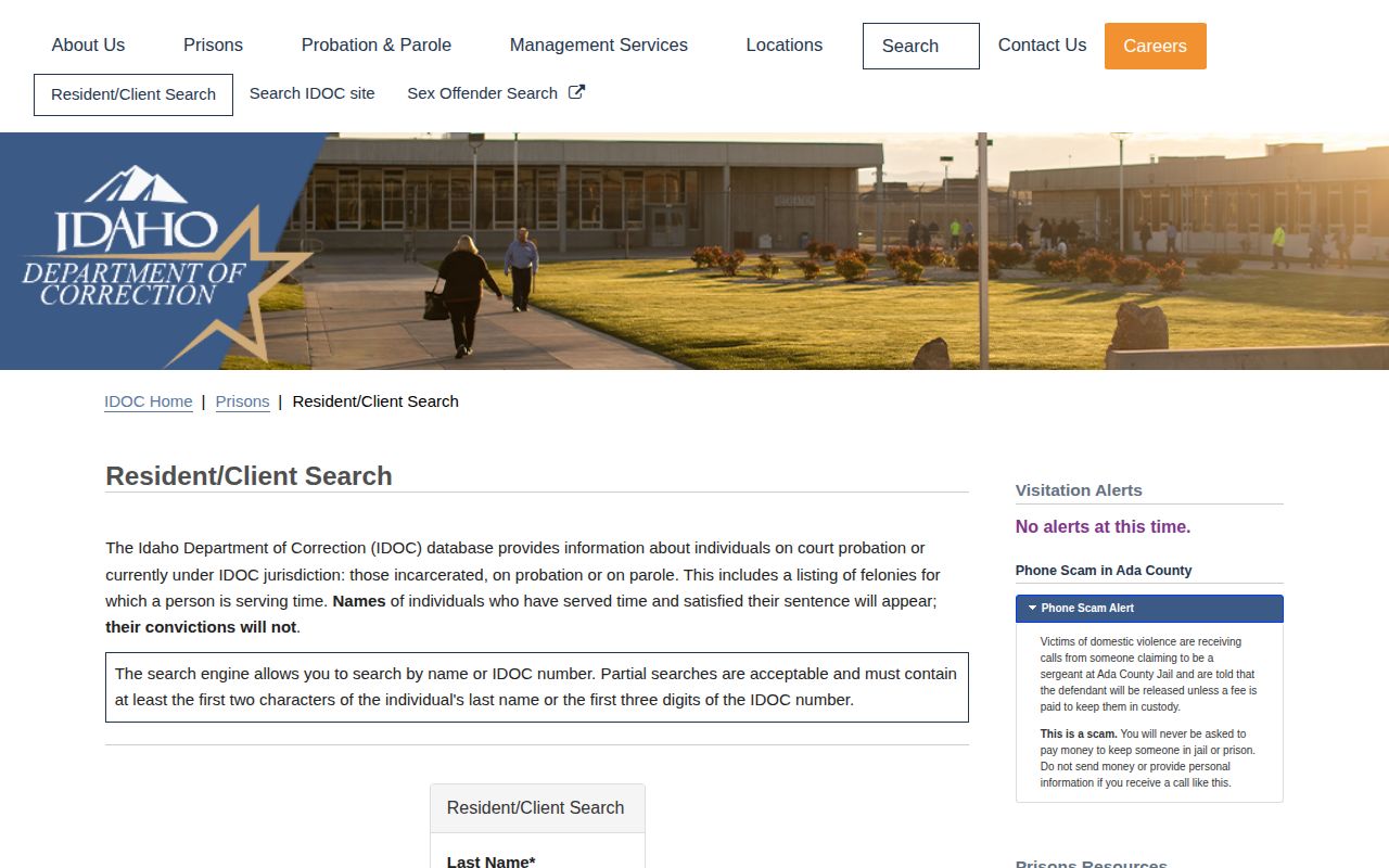 Idaho Department of Correction Resident Client Search for state custody after a Boise County booking