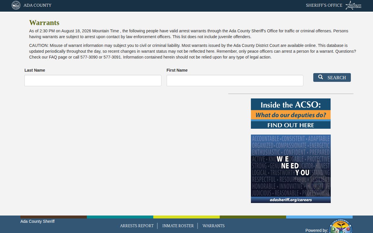 Ada County official warrant report interface used only as a separate custody-system example for Boise County readers
