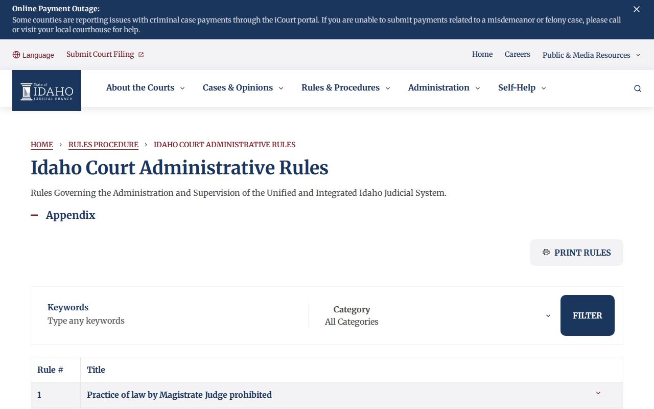 Idaho Court Administrative Rules page showing warrant-record access limits relevant to Boise County checks
