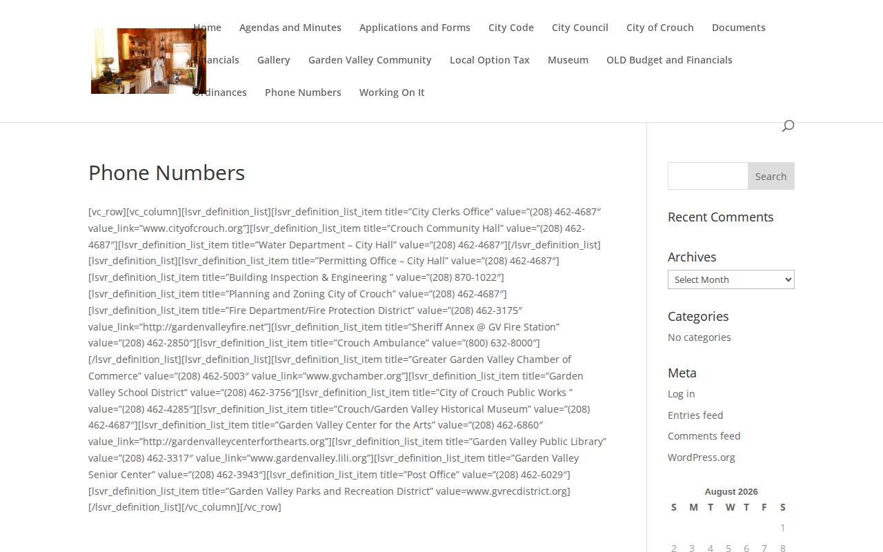 Crouch phone directory showing City Hall, Clerk, and Sheriff's Annex contact routing
